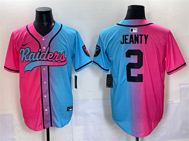 Men's Las Vegas Raiders #2 Ashton Jeanty Pink/Blue Limited Stitched Baseball Jersey Men's Las Vegas Raiders #2 Ashton Jeanty Pink/Blue Limited Stitched Baseball Jersey